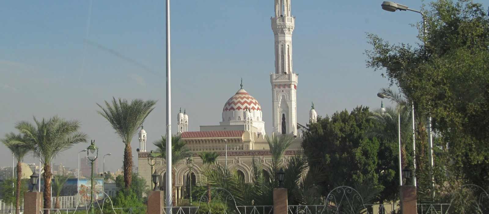 mosque minaret palm trees cityscape