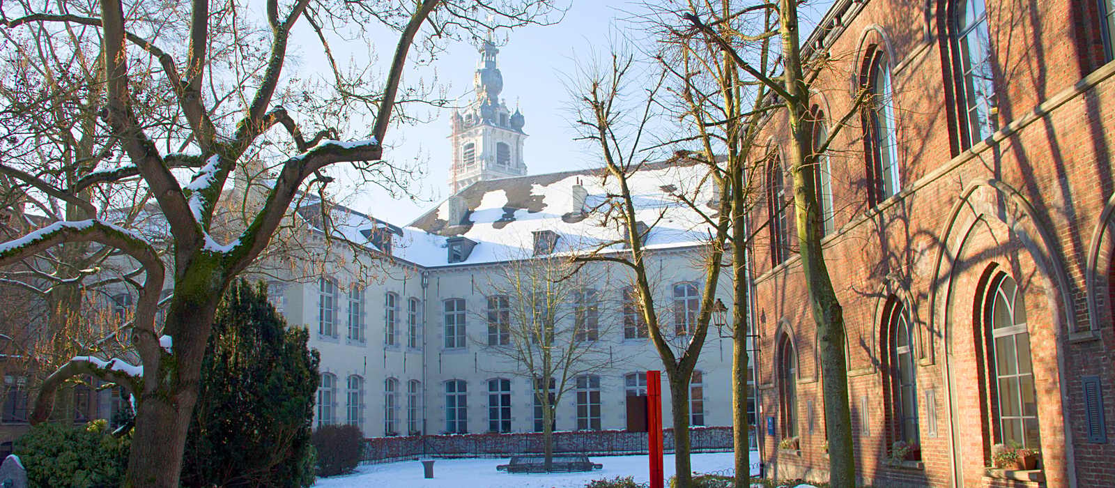 courtyard historic buildings snow