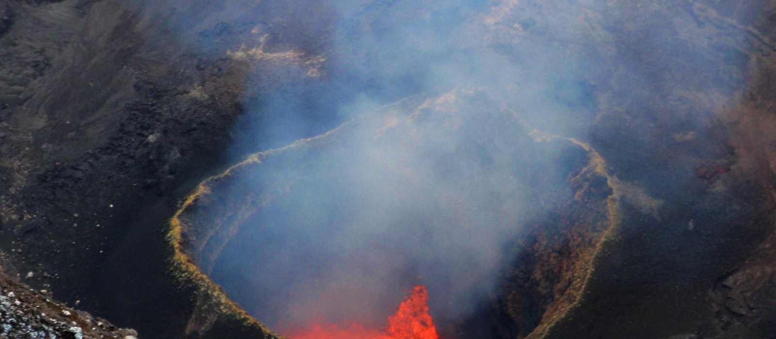 volcano crater lava smoke