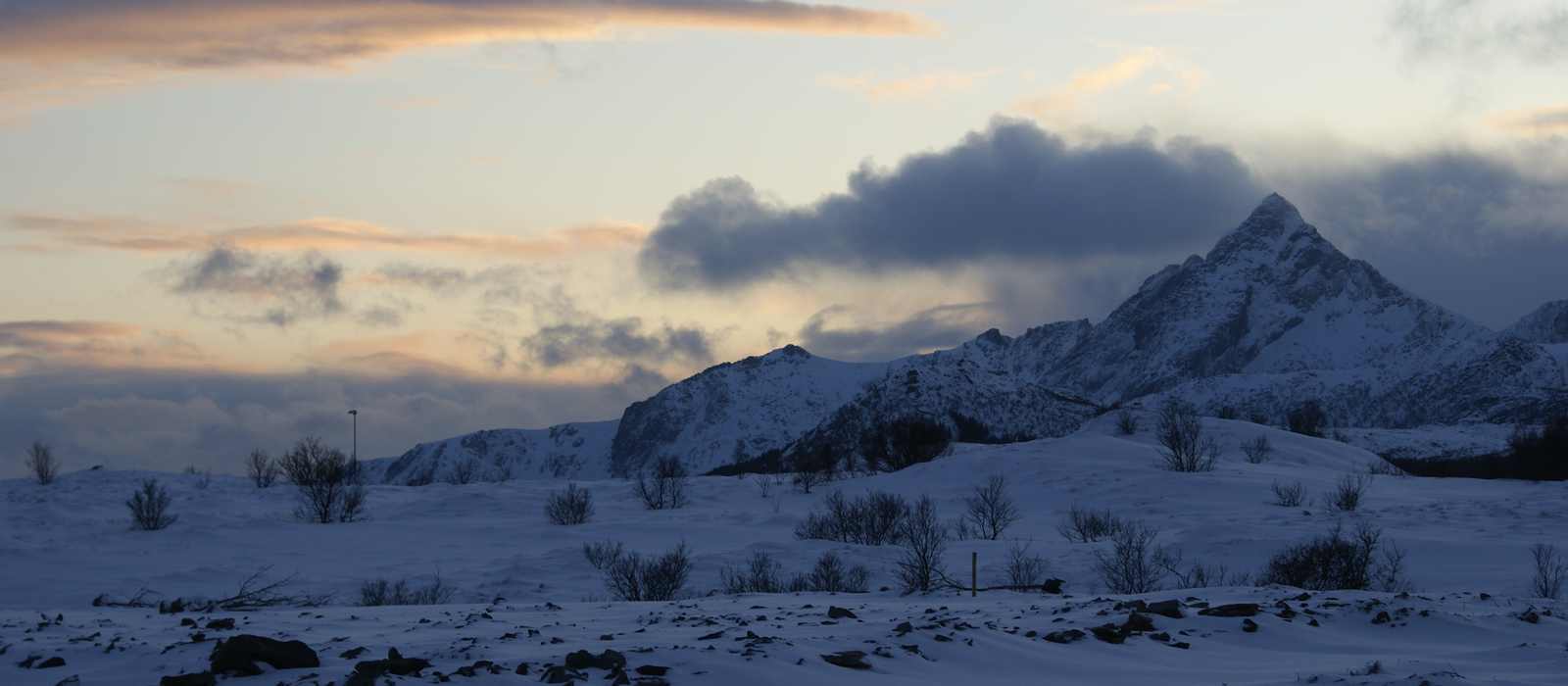 snowy mountains dusk landscape