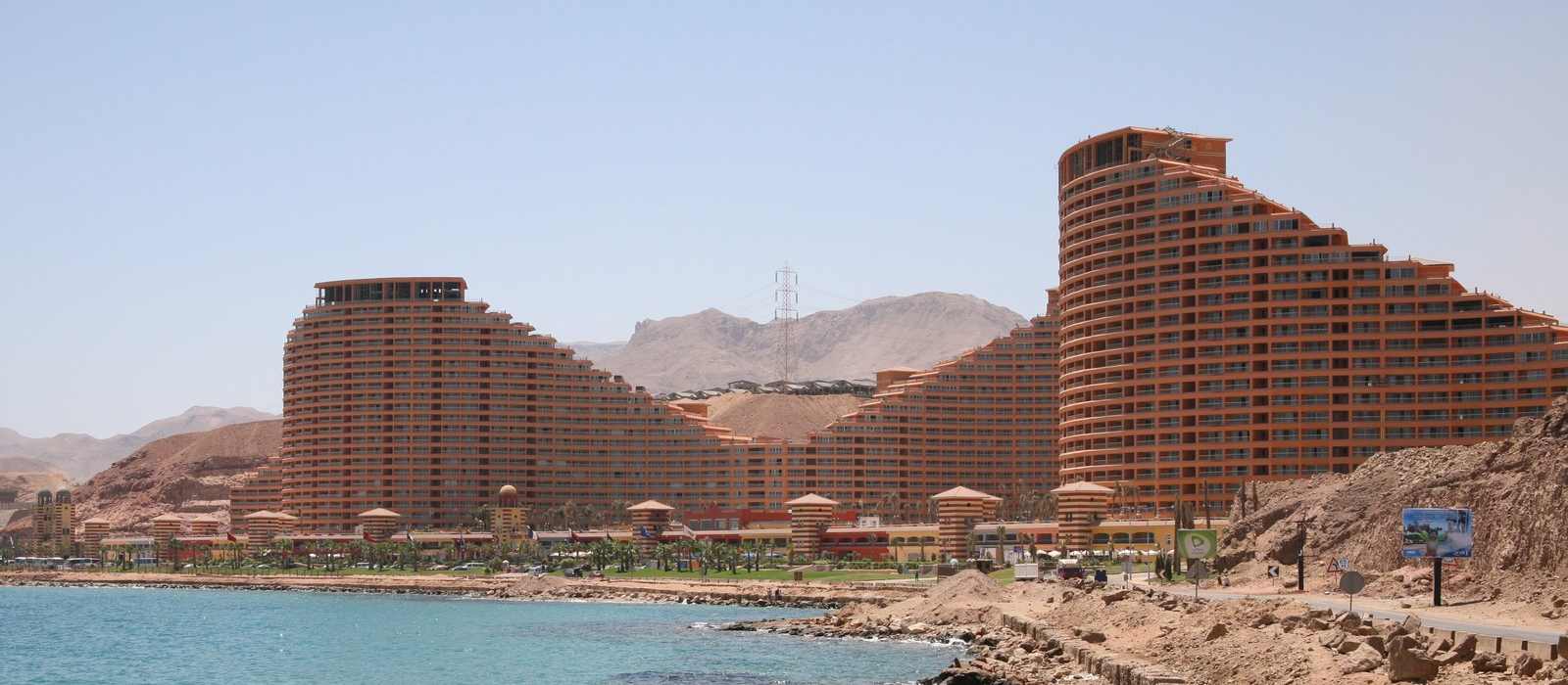 resort buildings coastline mountains