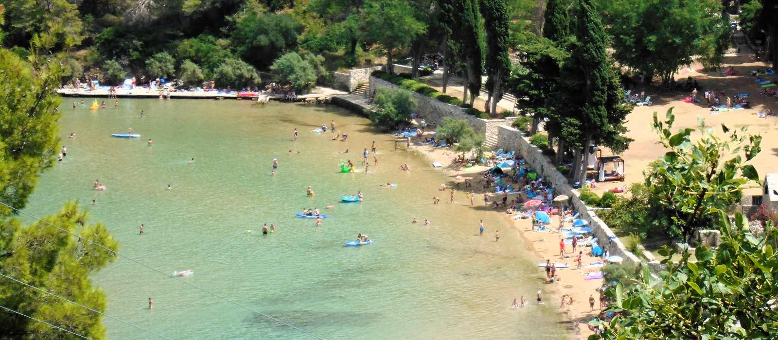 beach bay swimming sunbathing trees