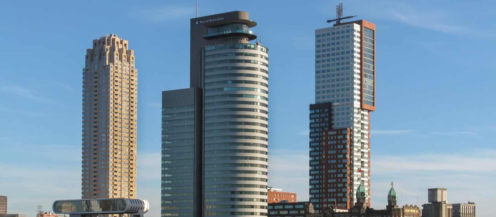 Rotterdam's Kop van Zuid skyline with the De Rotterdam and Montevideo towers