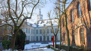 courtyard historic buildings snow