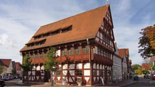 historic half timbered buildings street view