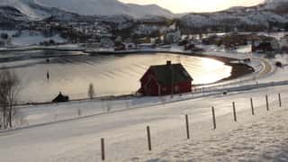 winter village coastline mountains