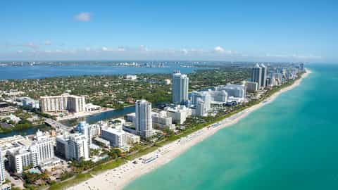 Miami, Florida, United States — Miami, Beach, sun, ocean, Aerial, Sand, Beaches, buildings