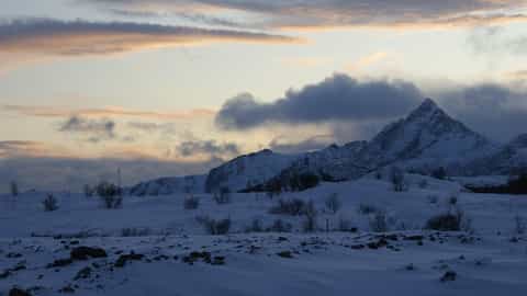 snowy mountains dusk landscape
