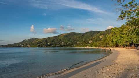 tropical beach coastline mountains