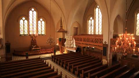 church interior altar pews