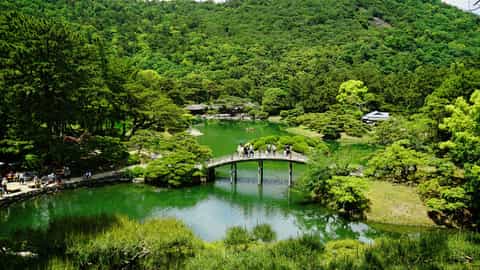 japanese garden lake bridge landscape
