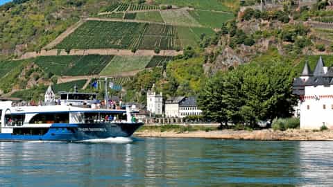 A river ship sails past a castle and vineyards - Avalon Artistry II, Avalon Waterways
