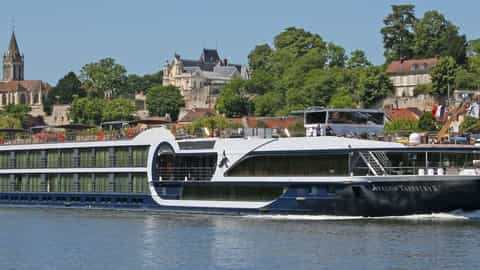 A river cruise ship sails past a town on a hill - Avalon Tapestry II, Avalon Waterways