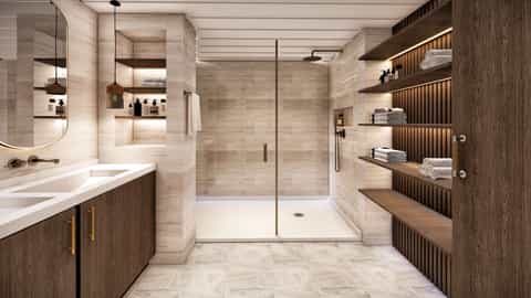 A modern bathroom with a double vanity and a glass-enclosed shower - Azamara Quest, Azamara Cruises
