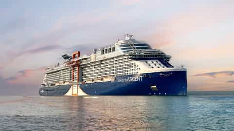 A large cruise ship sails on the ocean at sunset - Celebrity Ascent, Celebrity Cruises