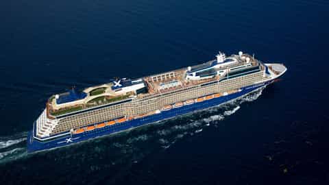 Aerial view of a large cruise ship sailing on the ocean - Celebrity Equinox, Celebrity Cruises
