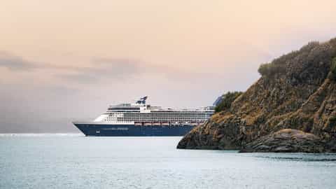 A large cruise ship sails past a rocky, tree-covered coastline - Celebrity Millennium, Celebrity Cruises