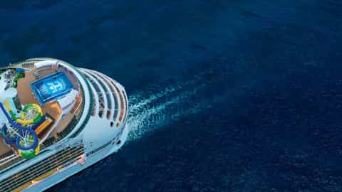 Aerial view of a cruise ship with a pool and water slides - Explorer Of The Seas, Royal Caribbean