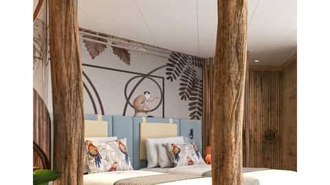 A cabin with two beds and jungle-themed decor - Hero Of The Seas, Royal Caribbean