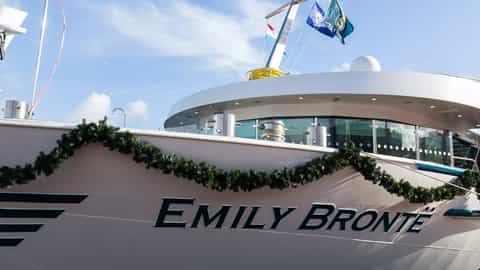 A ship's bow decorated with garland - MS Emily Bronte, Riviera Travel