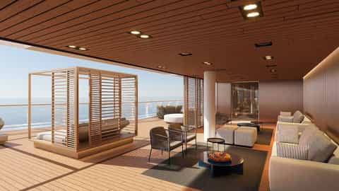 Outdoor lounge area with seating and a cabana - Norwegian Aqua, Norwegian Cruise Line