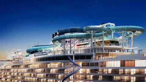 A cruise ship with water slides at night - Norwegian Luna, Norwegian Cruise Line