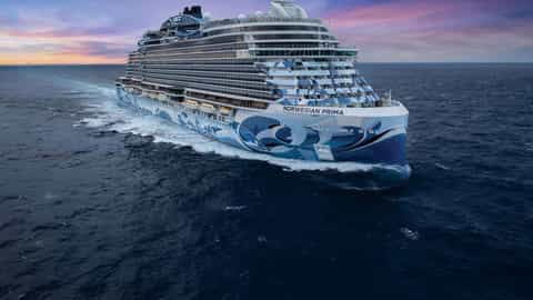 A large cruise ship sails on the ocean at sunset - Norwegian Prima, Norwegian Cruise Line