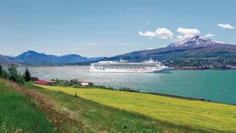 A large cruise ship sails on the water near mountains - Norwegian Star, Norwegian Cruise Line