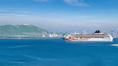 A cruise ship sails on the ocean near a coastal city - Norwegian Sun, Norwegian Cruise Line