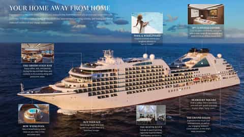 A large cruise ship is shown with various amenities highlighted - Seabourn Encore, Seabourn Cruises