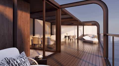An outdoor lounge area with seating and a sun lounger - Seven Seas Prestige, Regent Seven Seas Cruises