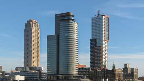 Rotterdam's Kop van Zuid skyline with the De Rotterdam and Montevideo towers