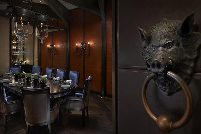 Mandarin Oriental Hyde Park, London, England — Mandarin Oriental Hyde Park, London - Dinner by Heston Blumenthal: Private dining room for up to 12 people - With a traditional wood-beamed ceiling and rust coloured leather-clad walls, this intimate room has