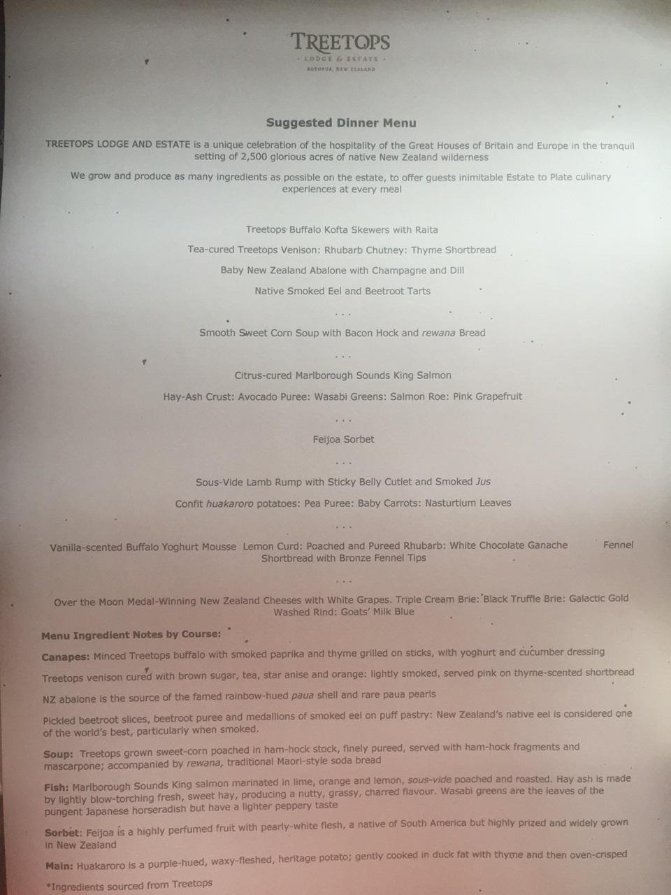 Treetops Lodge & Estate, New Zealand — Treetops Lodge & Estate - Treetops Lodge Sample Menu